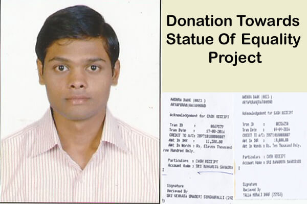 Donating His first salary of Rs.21,300 /- Towards Statue Of Equality Project