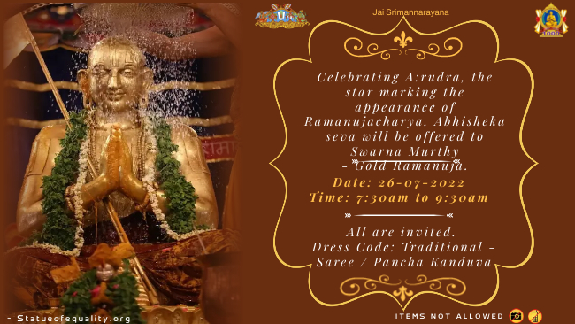 Bhagwad Ramanuja  – Thirumanjana Seva – All are Invited