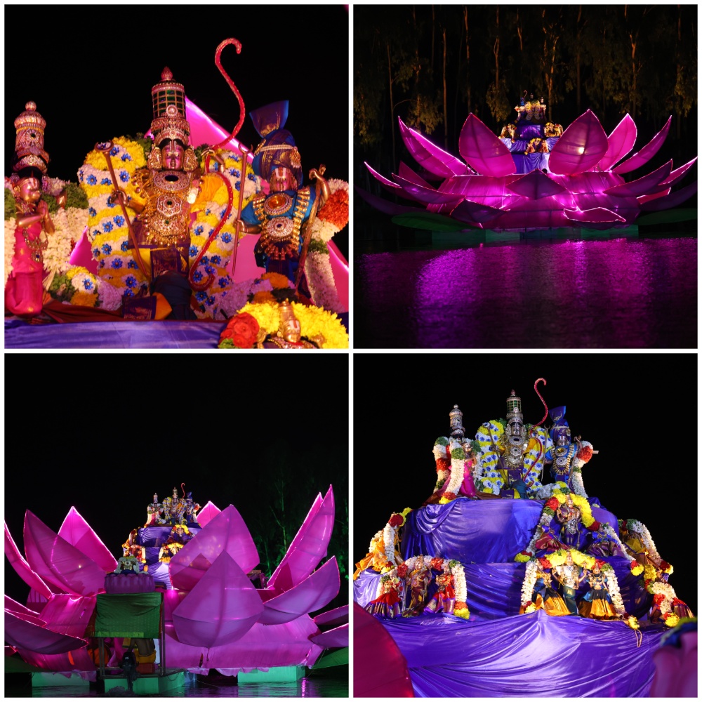 18 Divya Desa Perumals along with their consorts took their places in two circular rows, in the middle of lotus boat