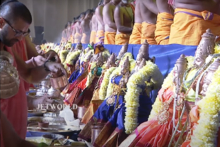 Pada-prakshalana (washing of feet) as part of vara-puja. As Sri-sathari is considered as Lord’s feet, it is washed as part of pada-puja.